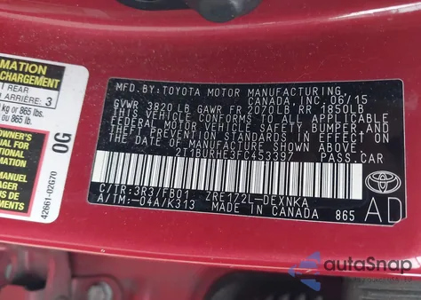 2015 Toyota Corolla Le из США, поврежденный, VIN 2T1BURHE3FC453397